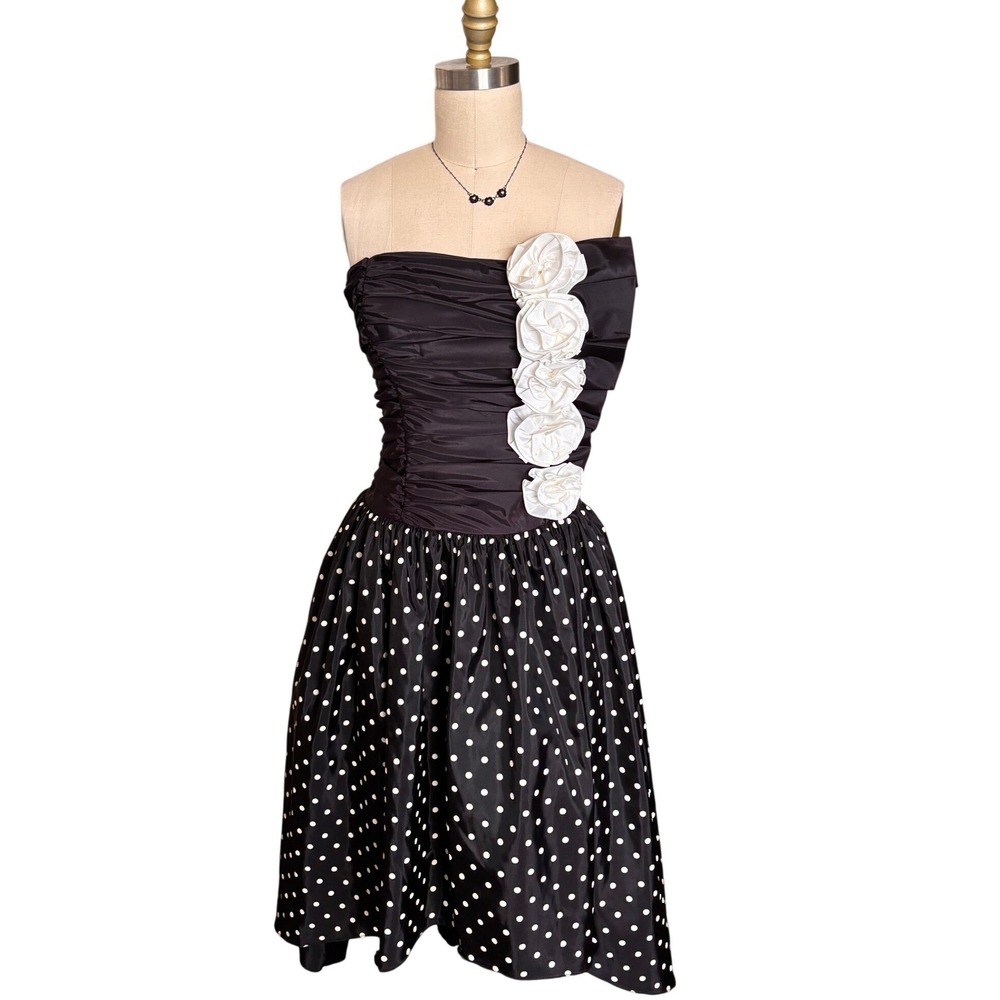 Gunne Sax Jessica McClintock Dress Womens 9 Black White Polka Dot Rosette